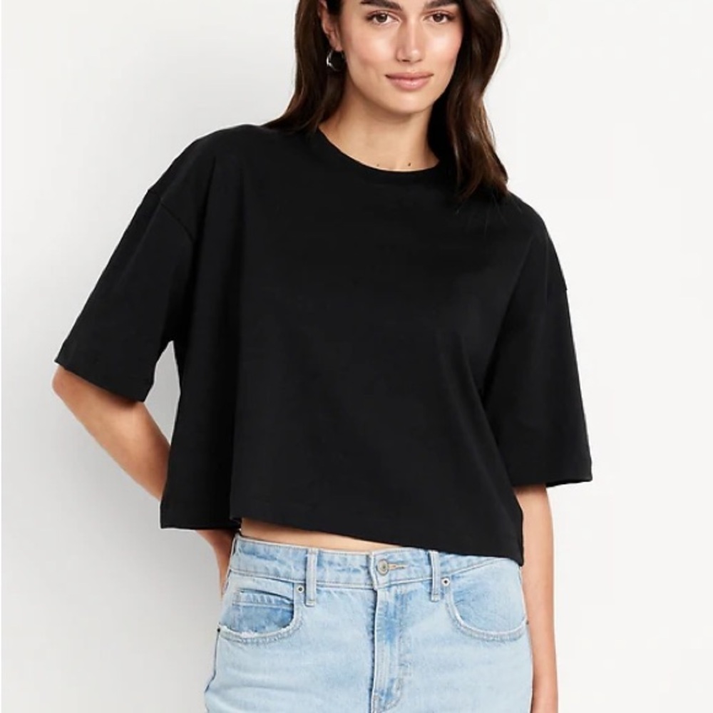 COS Heavyweight Cotton Black Short Sleeve Cropped Tee Raw Hem | Sz S